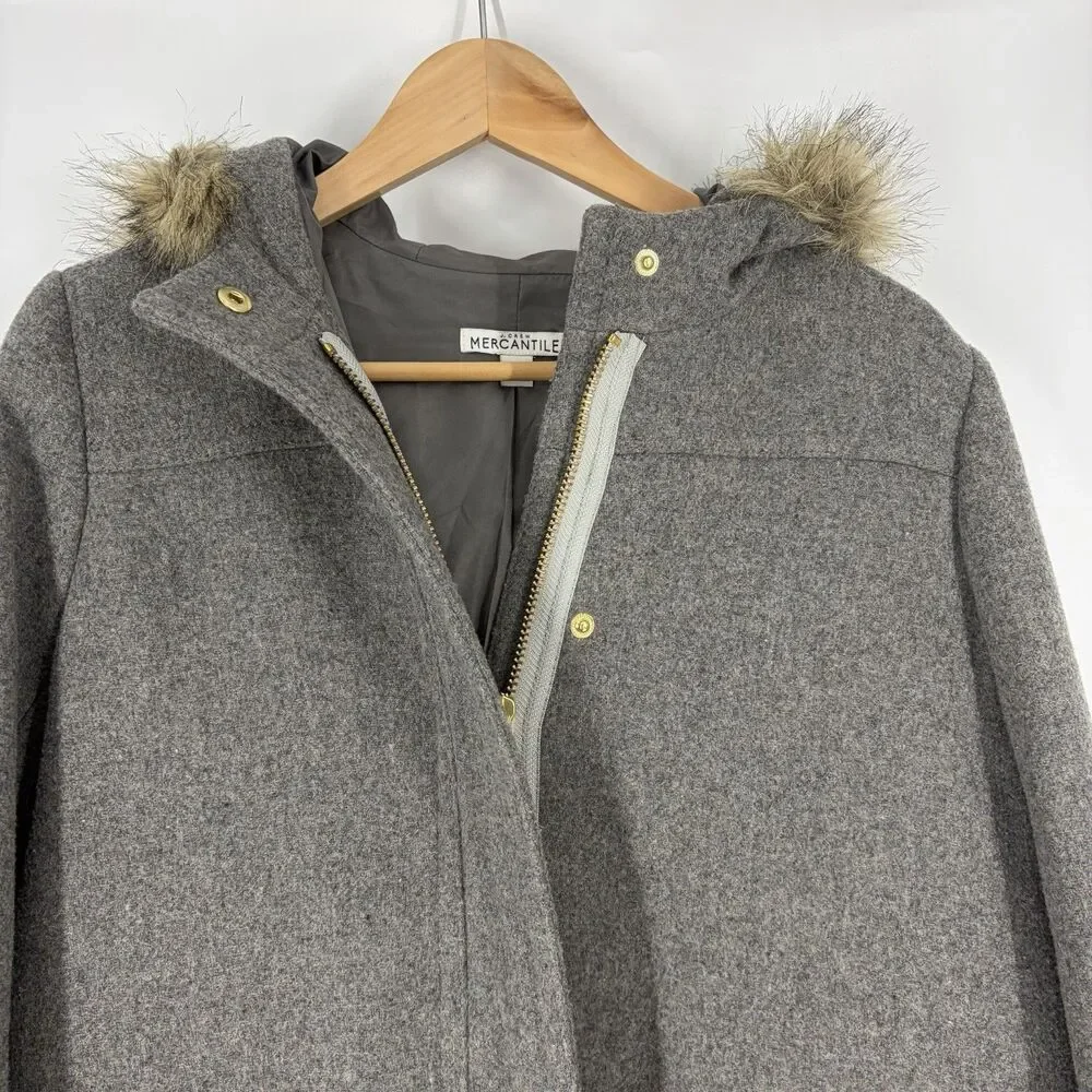 J Crew Vail Parka Coat Size 8 Heather Gray Faux Fur Hood Wool Jacket Lined Warm - Picture 2 of 9